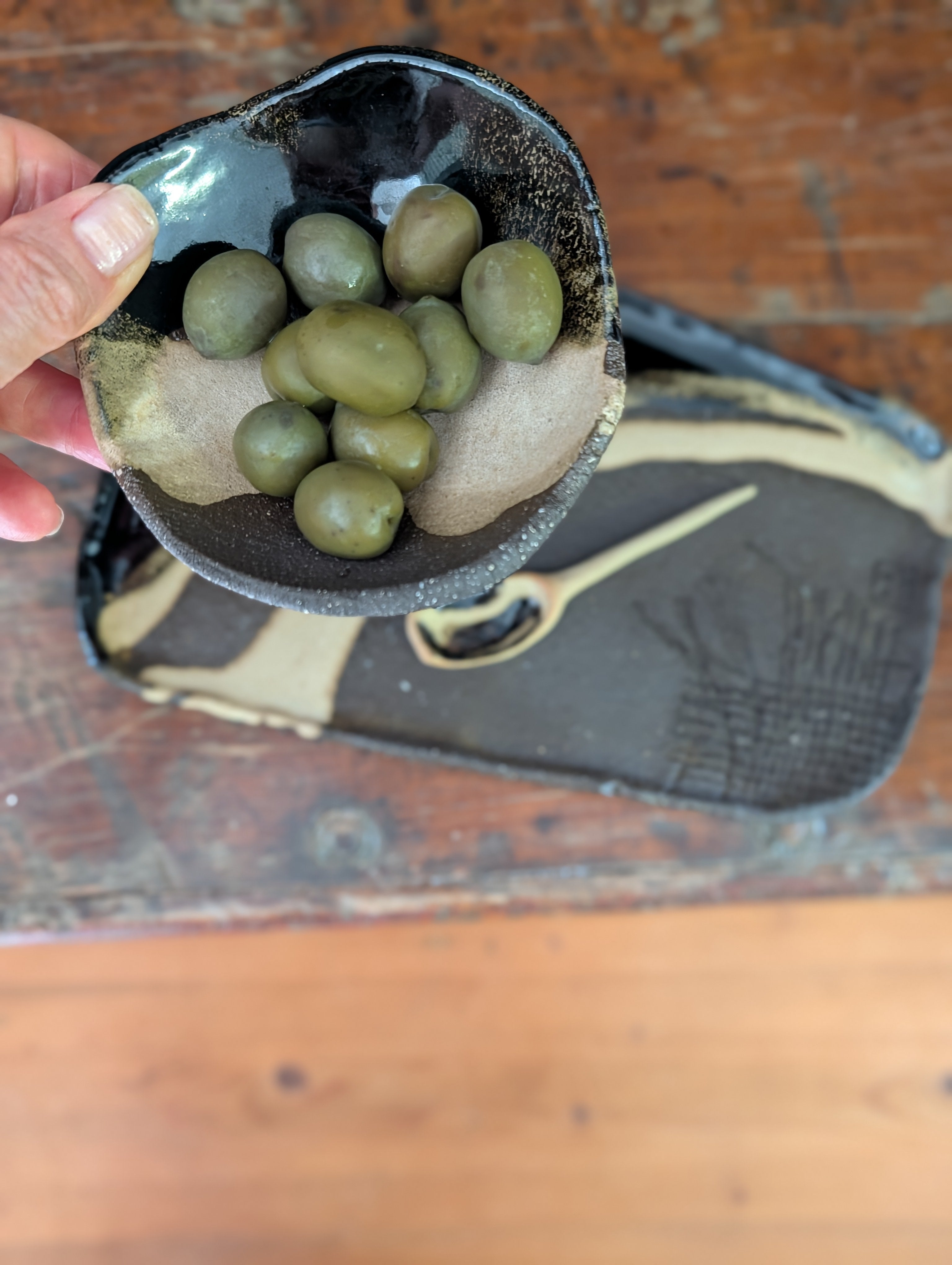 Earthy Handbuilt Ceramic Platter with Matching Bowl and Spoon - Rustic Stoneware Set