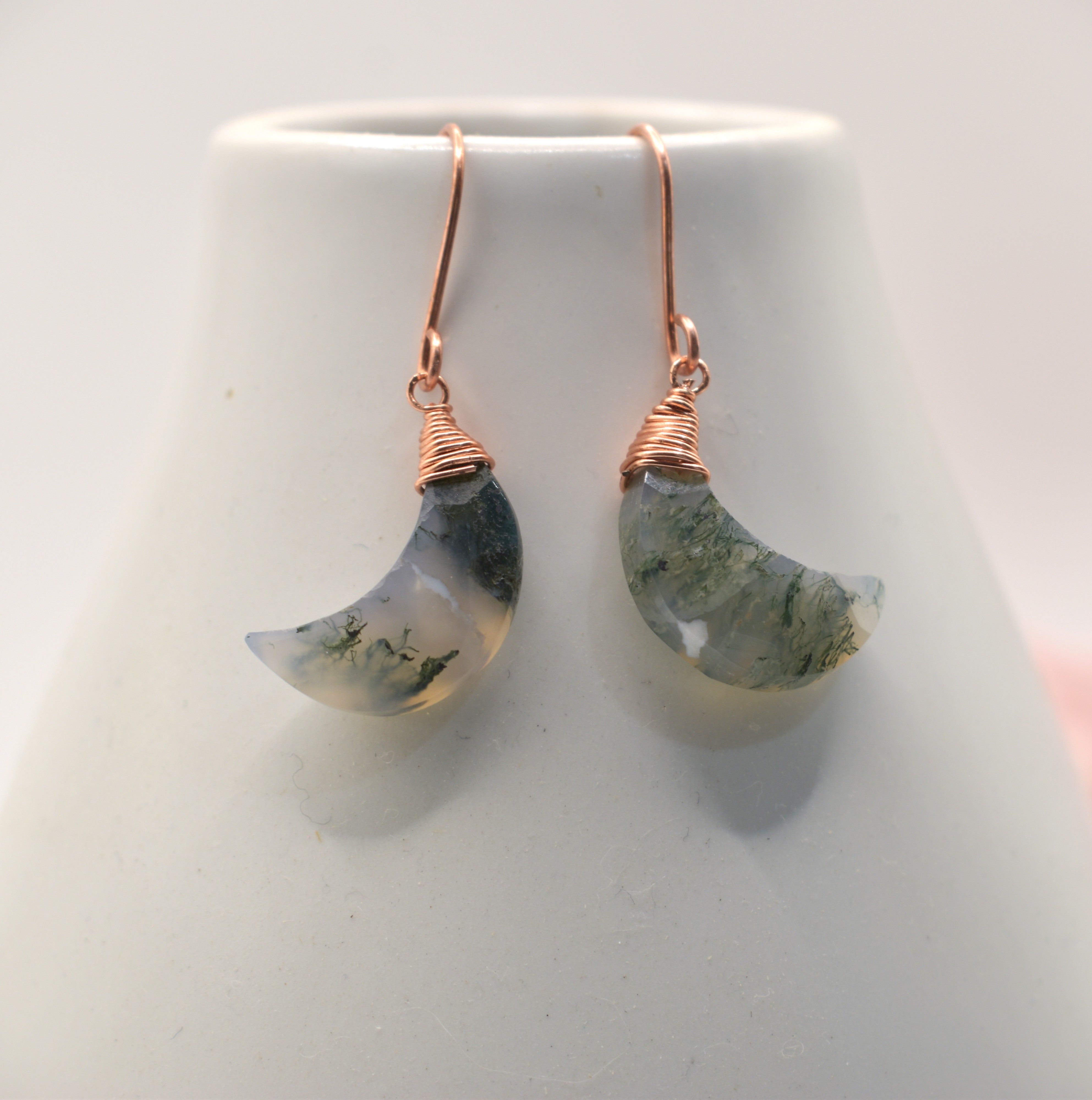 Luna – Moss Agate Copper Wire Wrapped Earrings