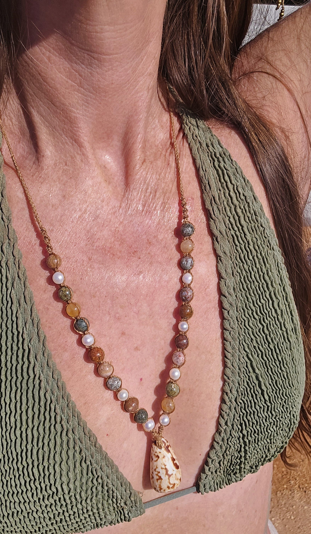 Cone Shell with Rare Ocean Agate & Pearl Necklace