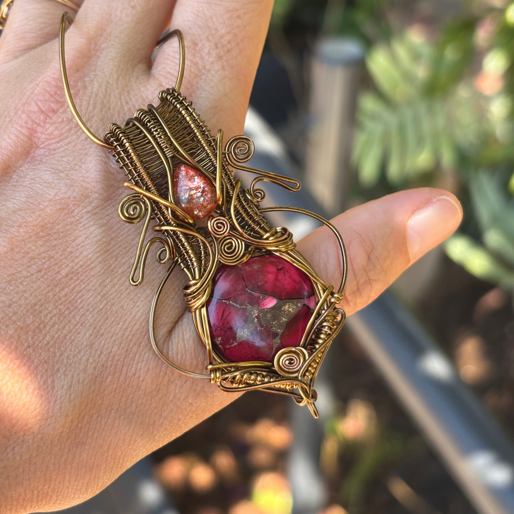 Sunstone Mojave turquoise copper crystal wire wrap pendant