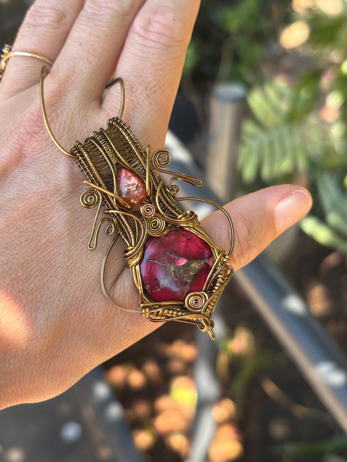 Sunstone Mojave turquoise copper crystal wire wrap pendant