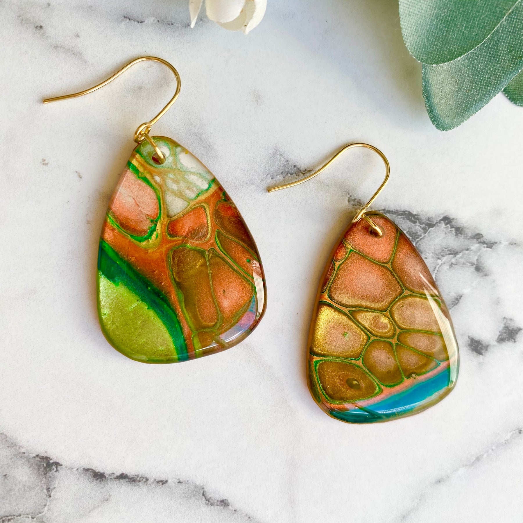 Rich Emerald, Copper and Gold Art Earrings