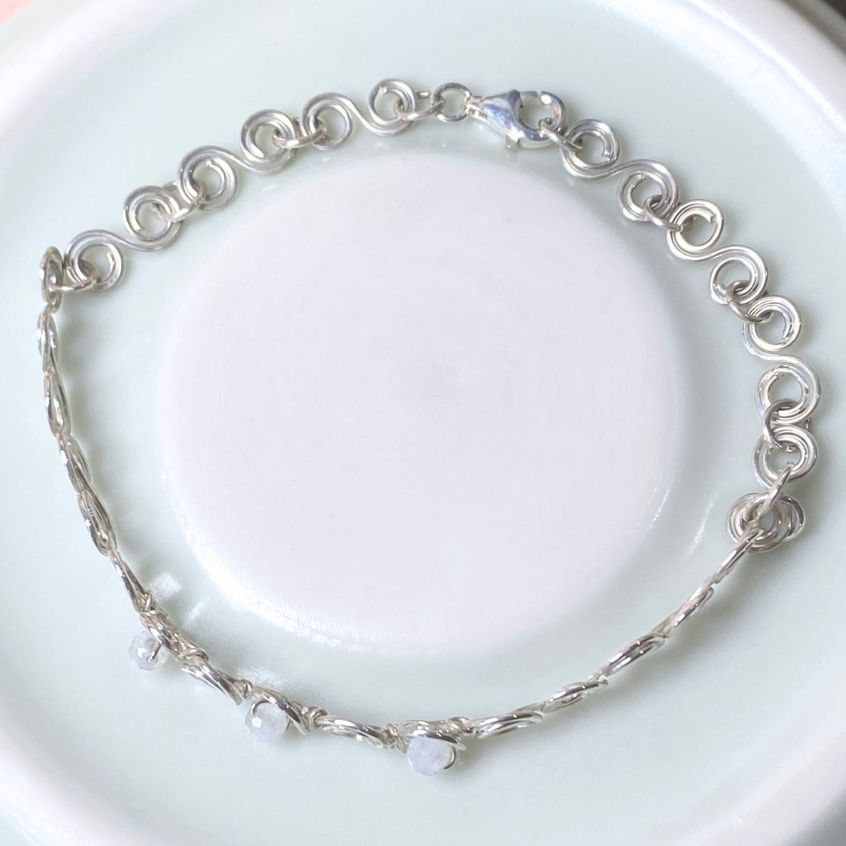 NEW Looping Silver bracelet with natural Moonstone  | Sterling silver | Faceted Moonstone beads | Birthstone-inspired jewellery