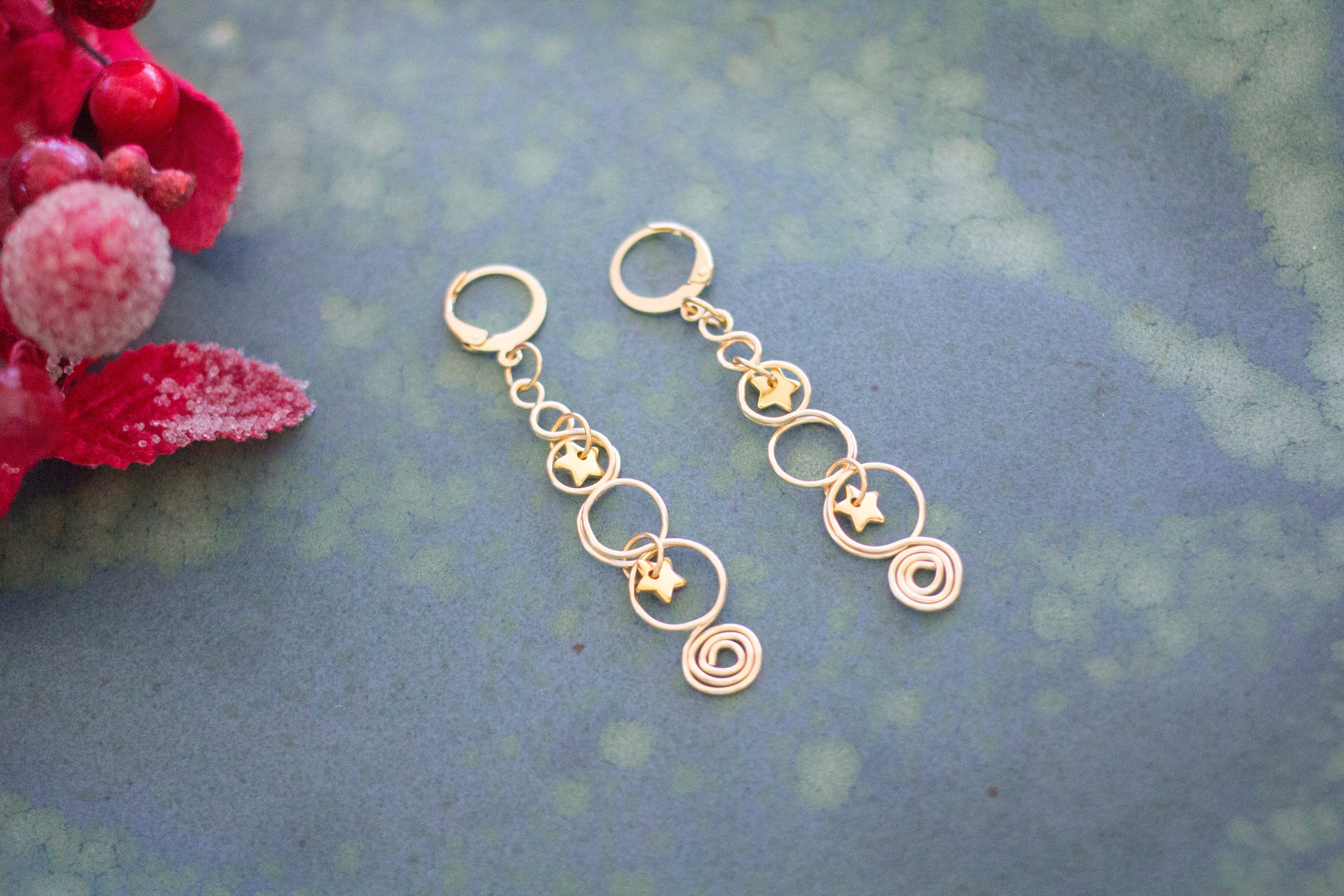 Gold Christmas Tree Earrings With Twinkling Stars | Christmas Jewellery