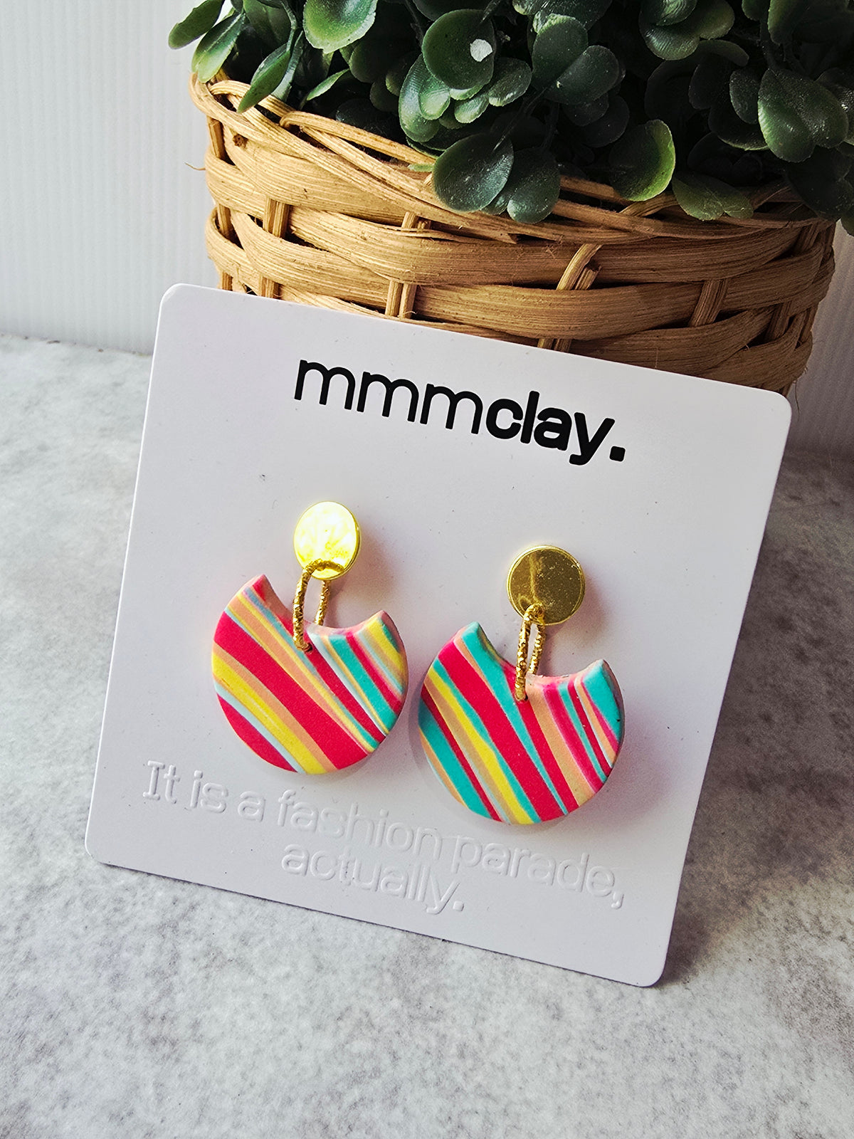 Multicolour Striped Polymer Clay Statement Drop Earrings | 9K Gold Plated