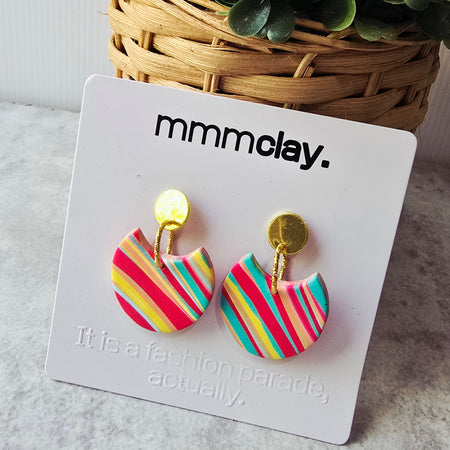 Multicolour Striped Polymer Clay Statement Drop Earrings | 9K Gold Plated