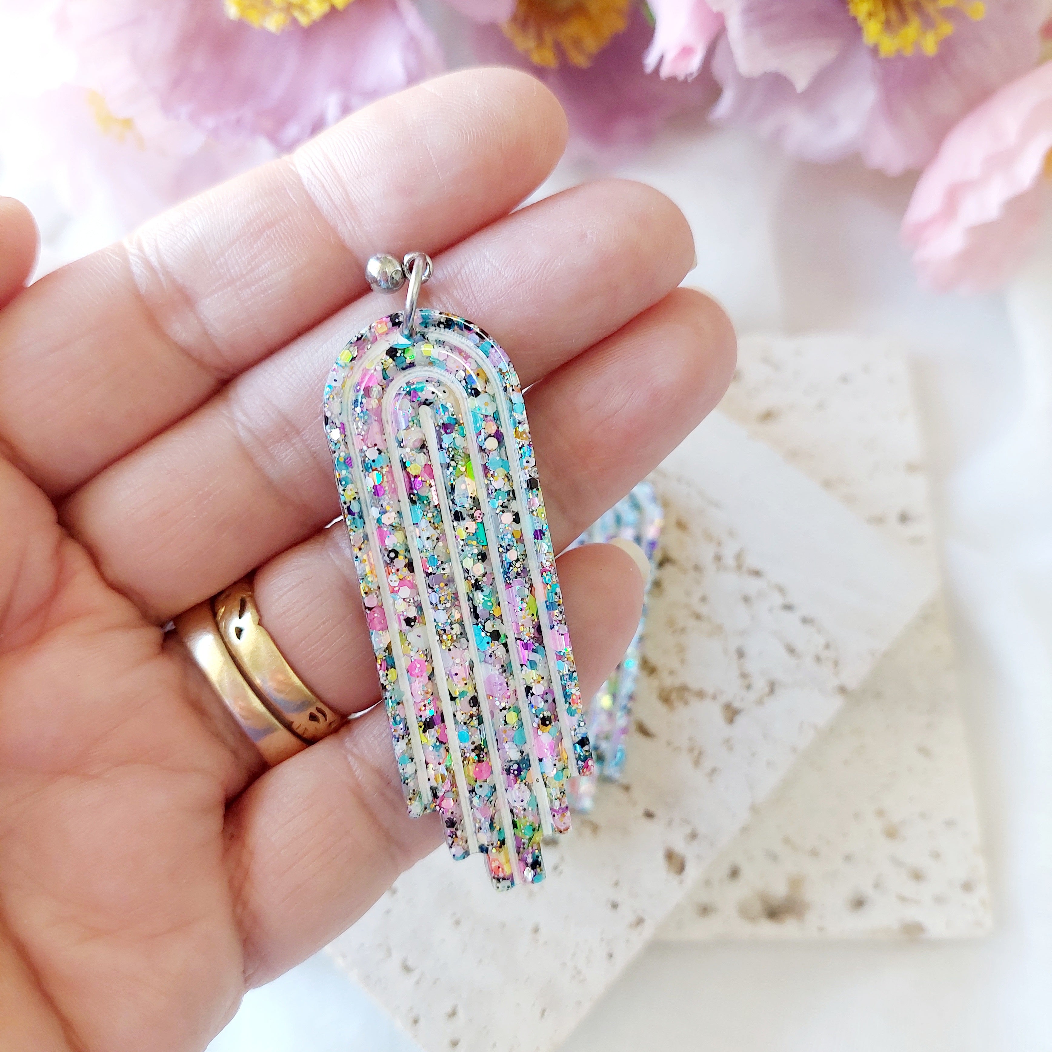 Pastel Glitter Resin Statement Dangle Stud Earrings