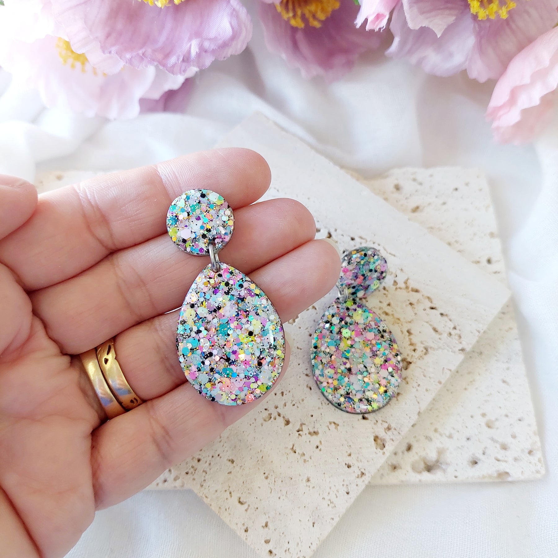 Pastel Glitter Resin Statement Dangle Stud Earrings