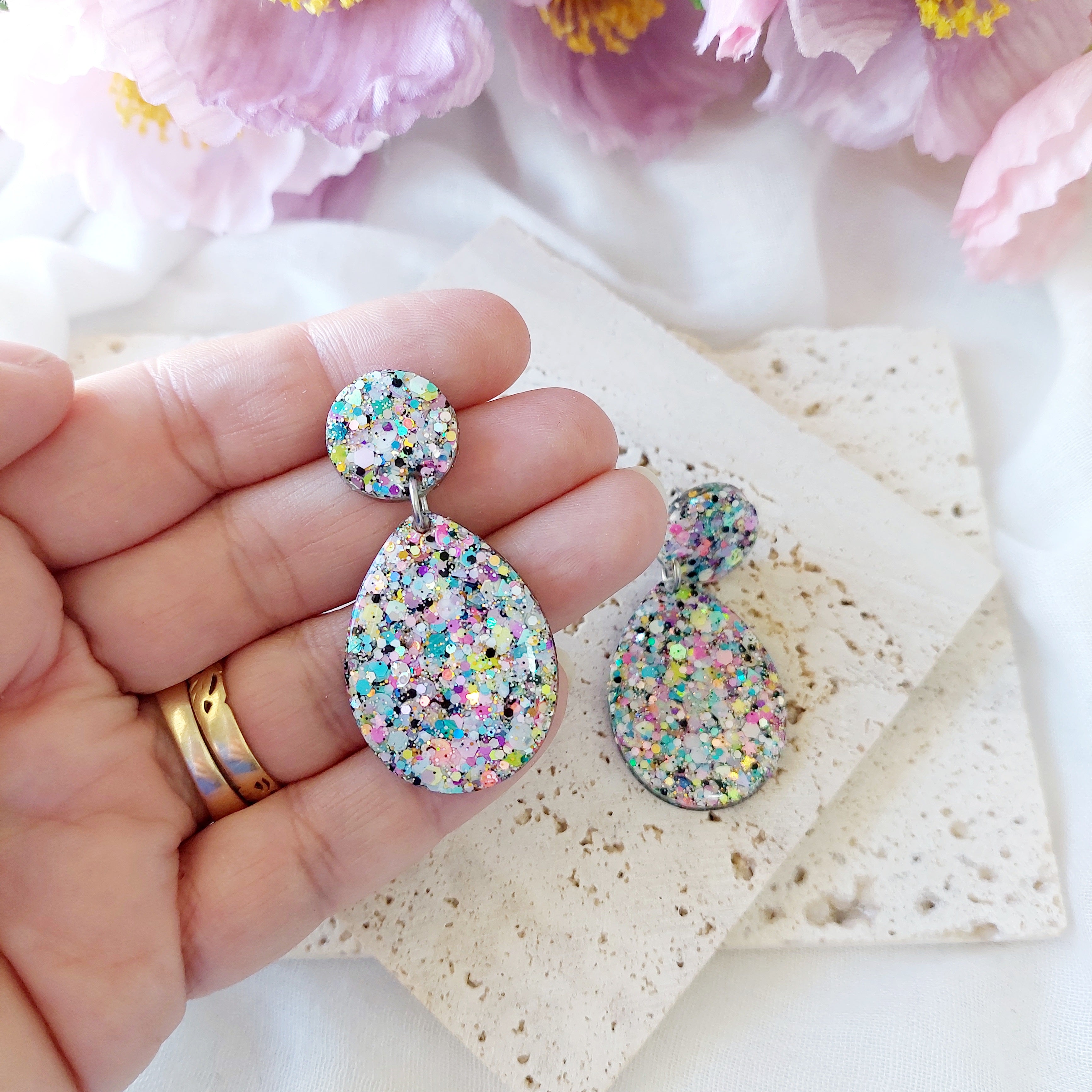 Pastel Glitter Resin Statement Dangle Stud Earrings