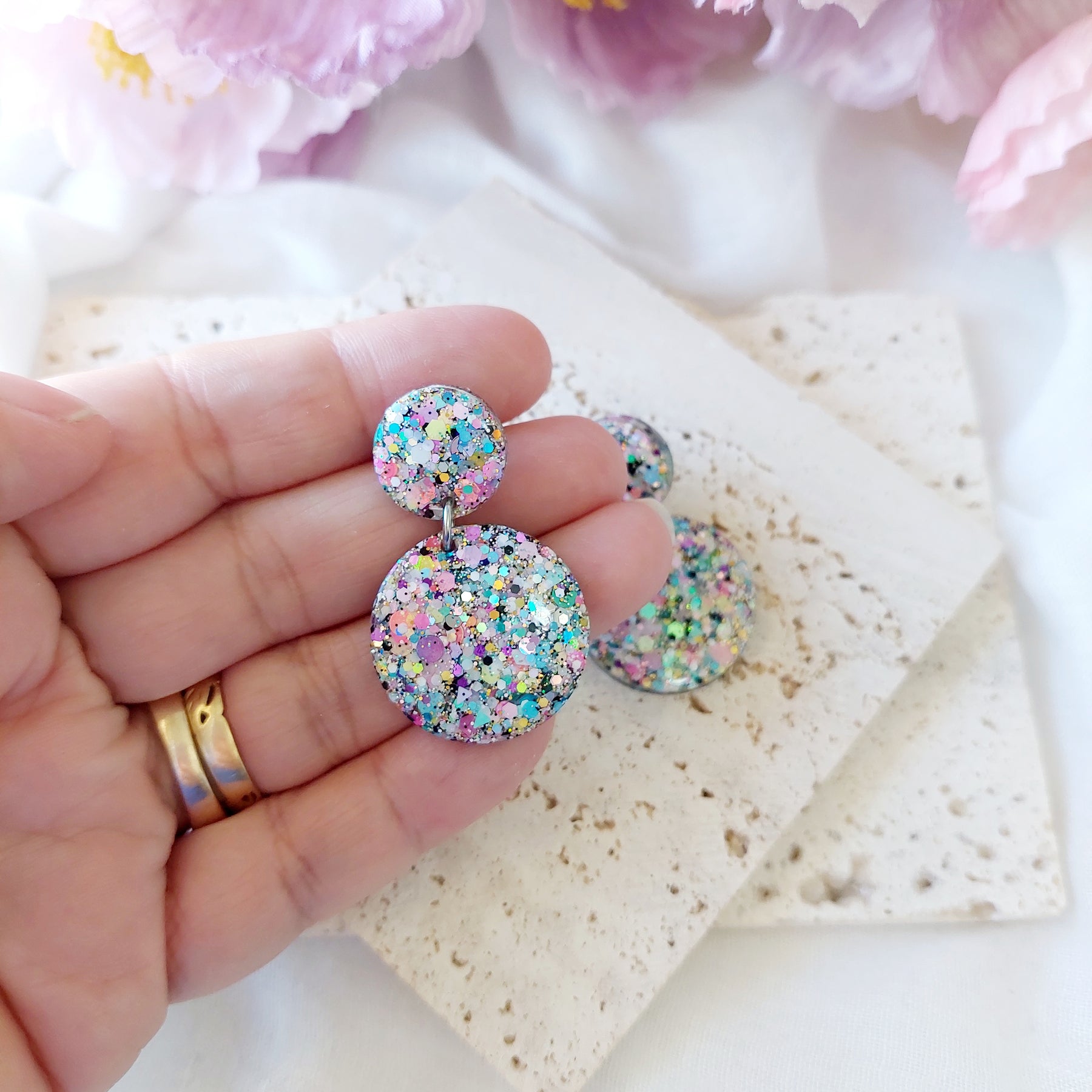 Pastel Glitter Resin Statement Dangle Stud Earrings