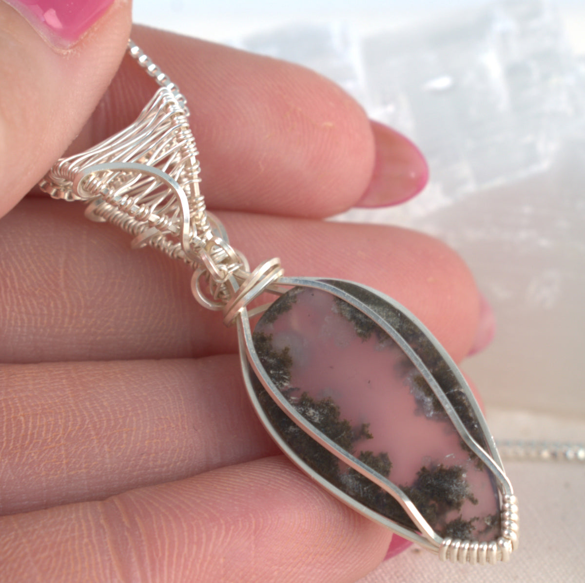 Misty Hollow – Indonesian Moss Agate Silver-Filled Pendant