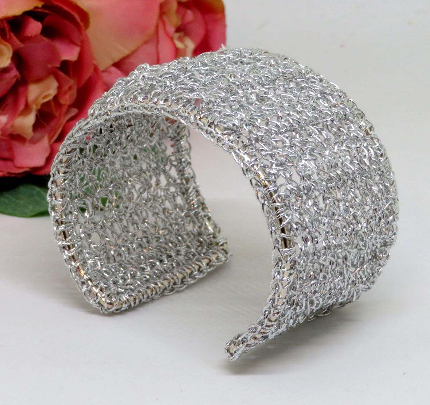 Bespoke Handmade Silver Crochet Shimmer Thread Cuff Bracelet