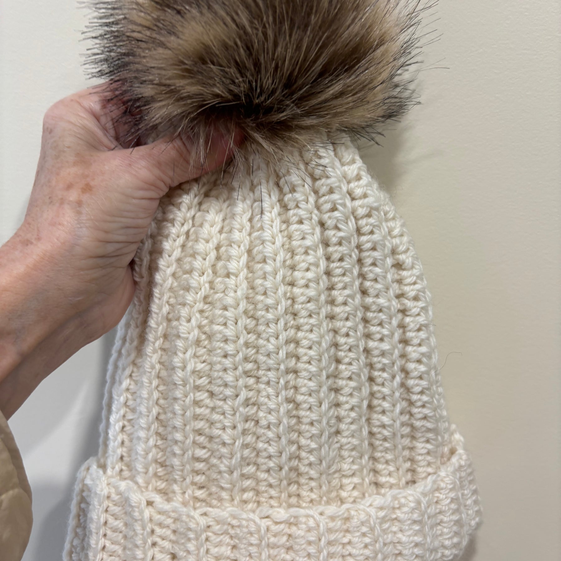 Hand Crocheted Beanie | Cream | With Pom Pom