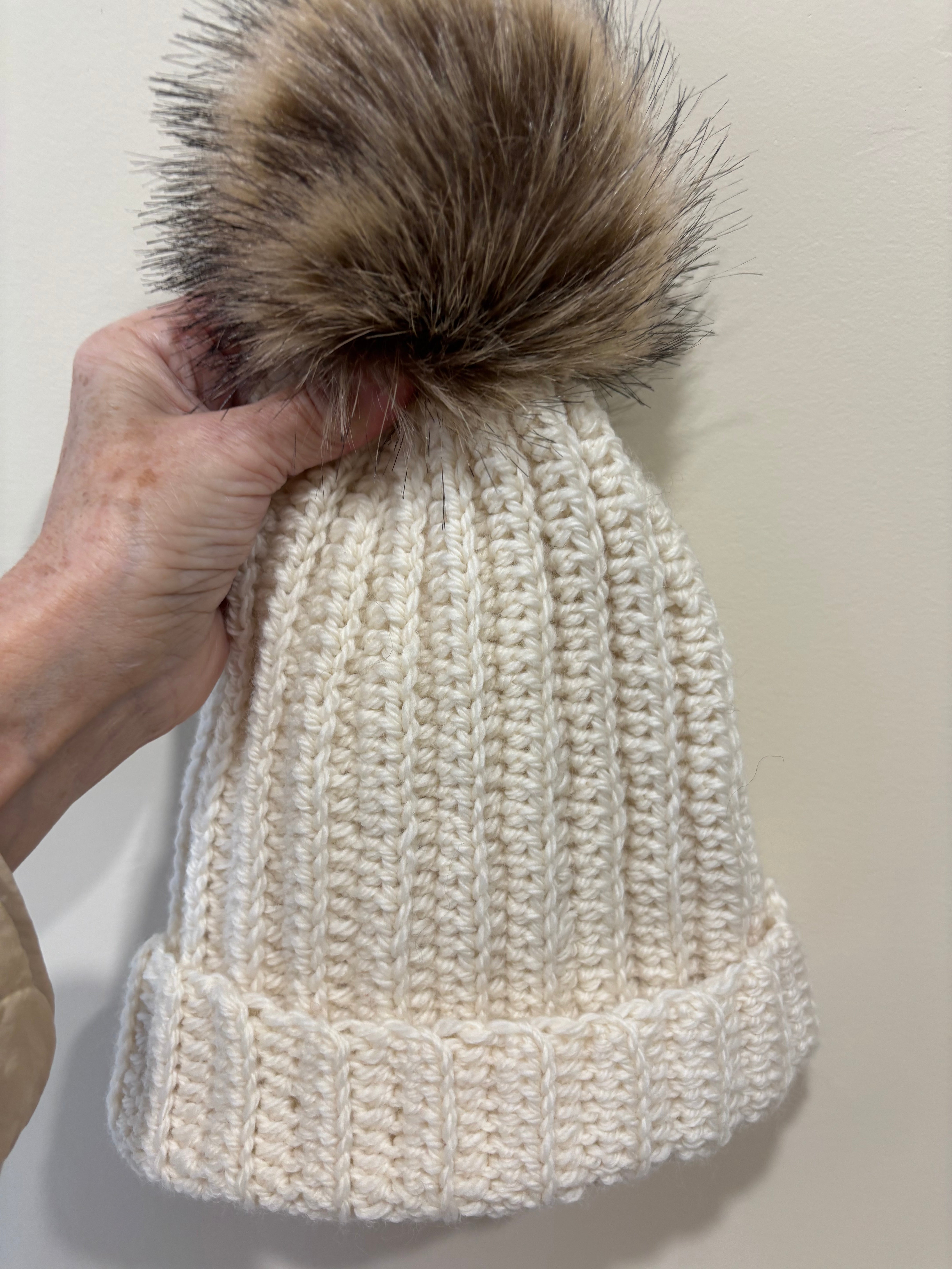 Hand Crocheted Beanie | Cream | With Pom Pom