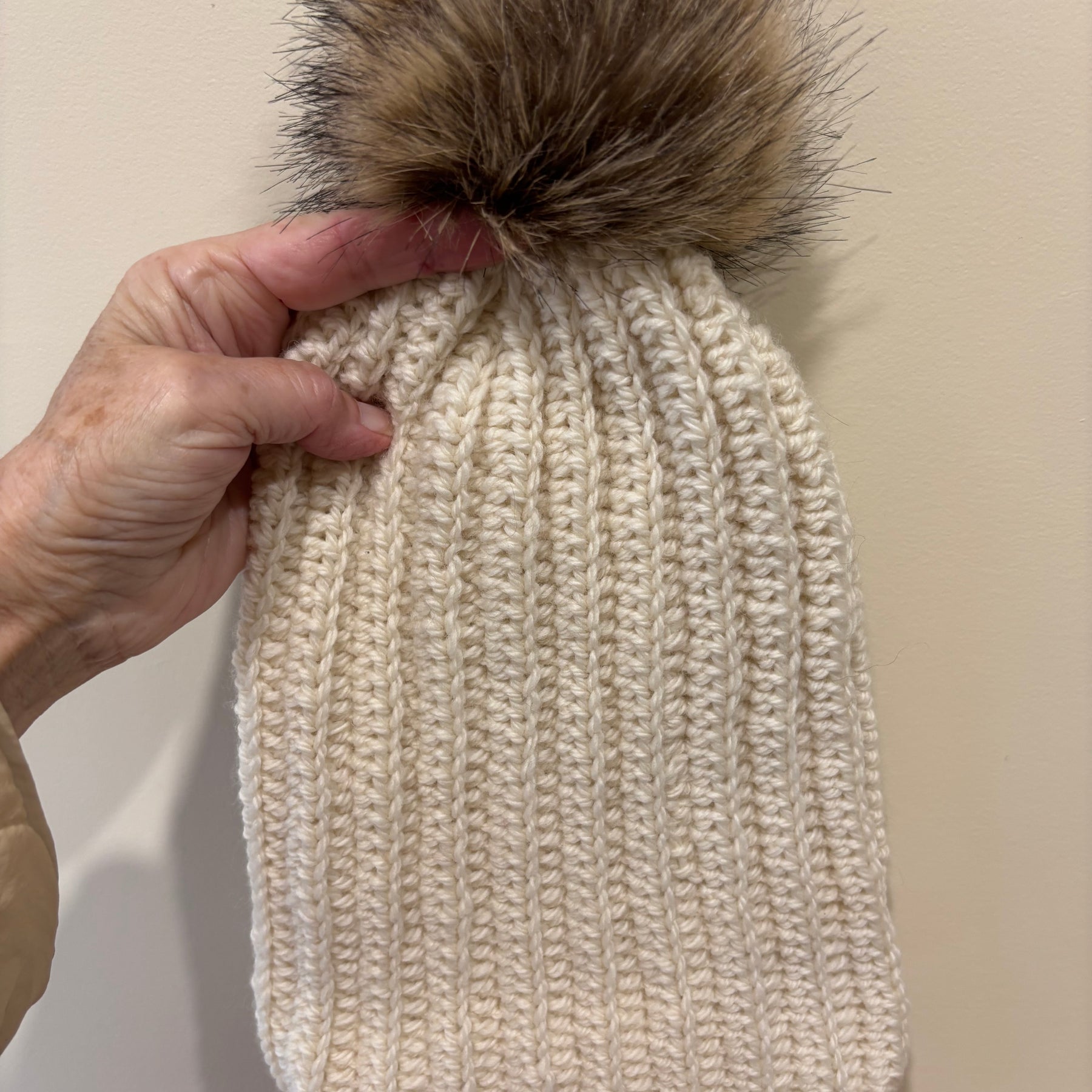 Hand Crocheted Beanie | Cream | With Pom Pom