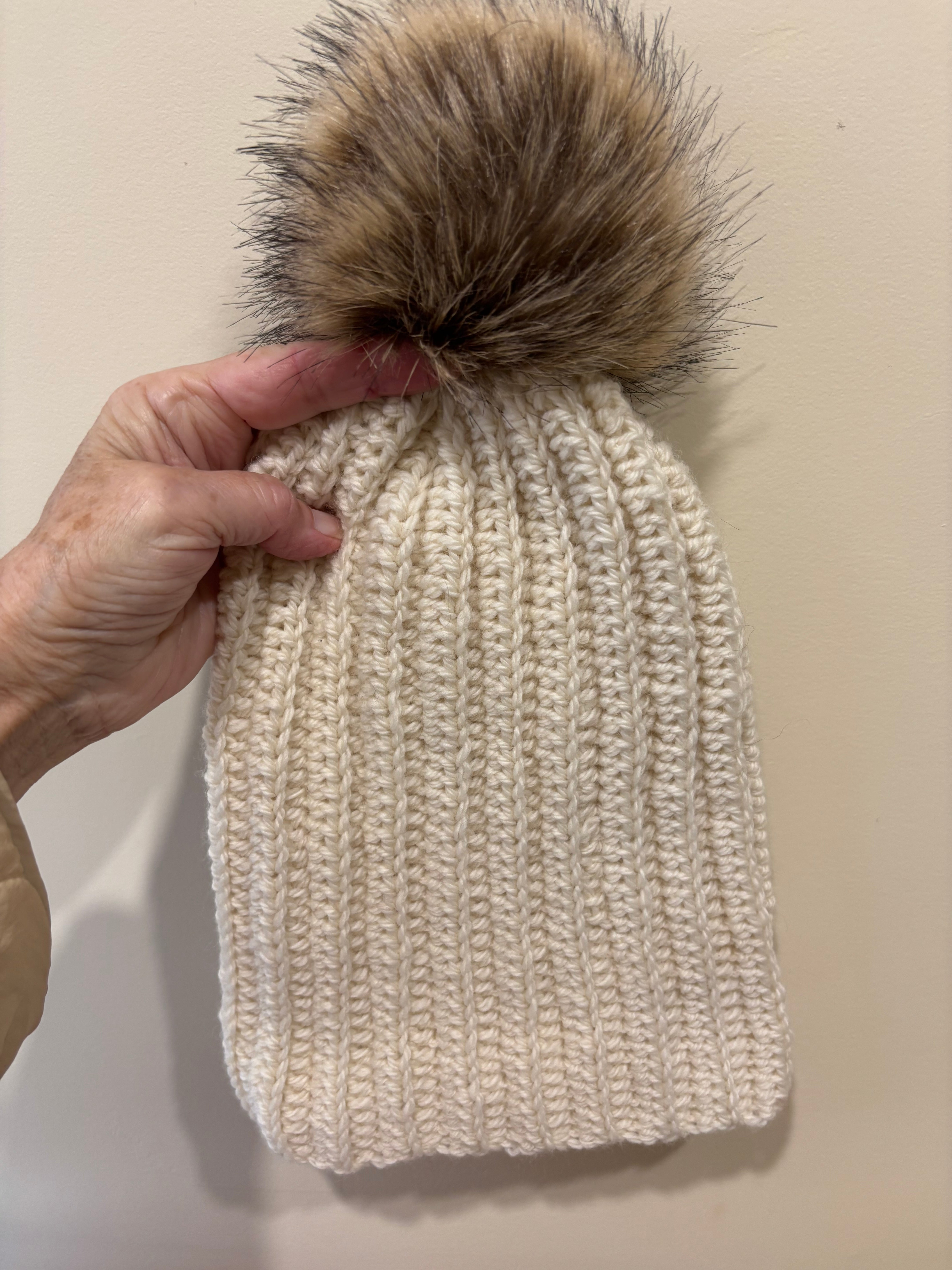 Hand Crocheted Beanie | Cream | With Pom Pom