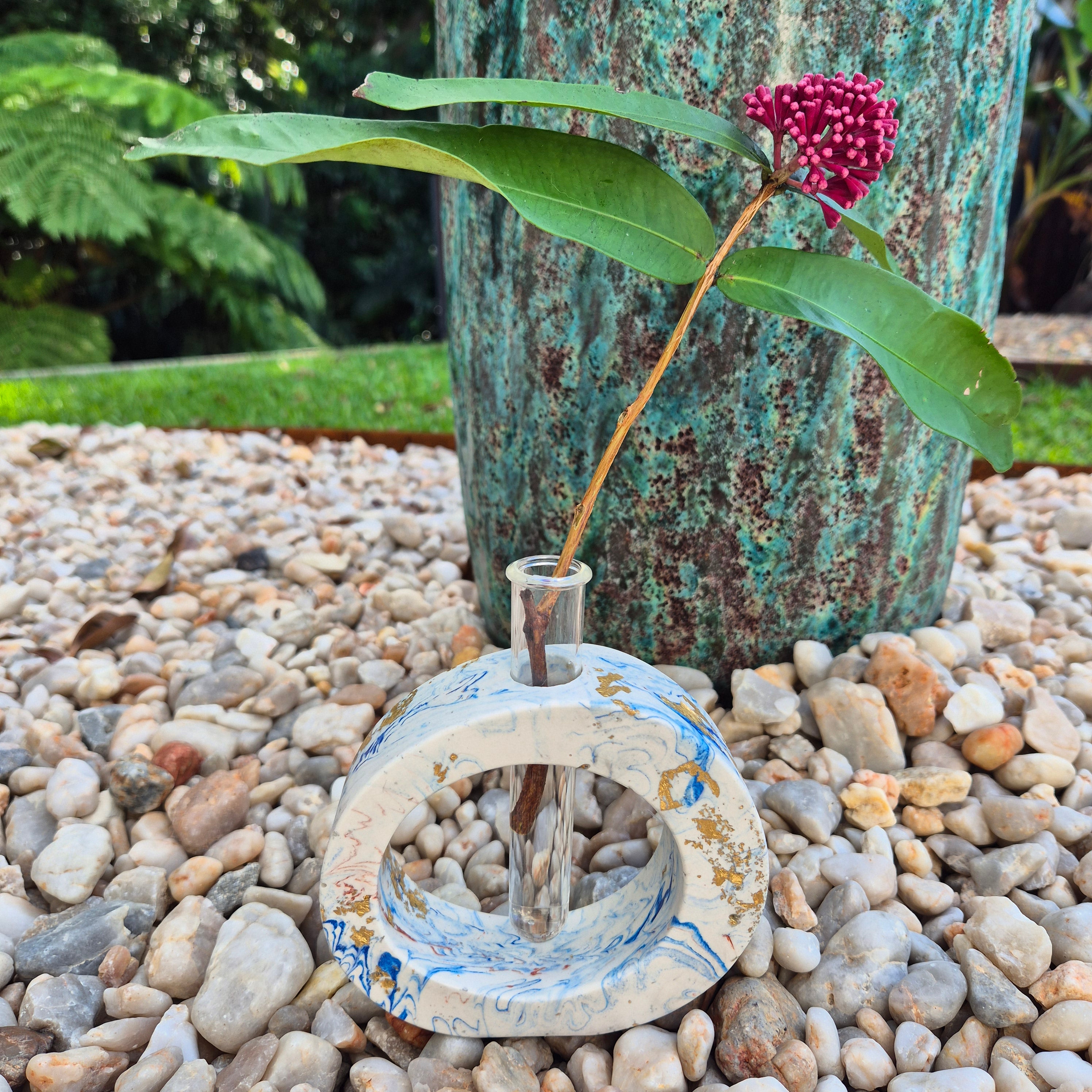 Blue and gold concrete test tube single stem vase