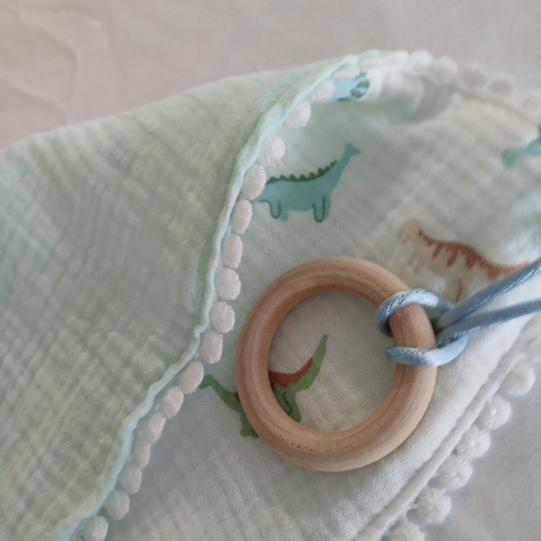 Handmade Double Gauze Dummy Comforter  - 35x31cm with Beechwood Teething Ring -Dinosaurs , Light Mint