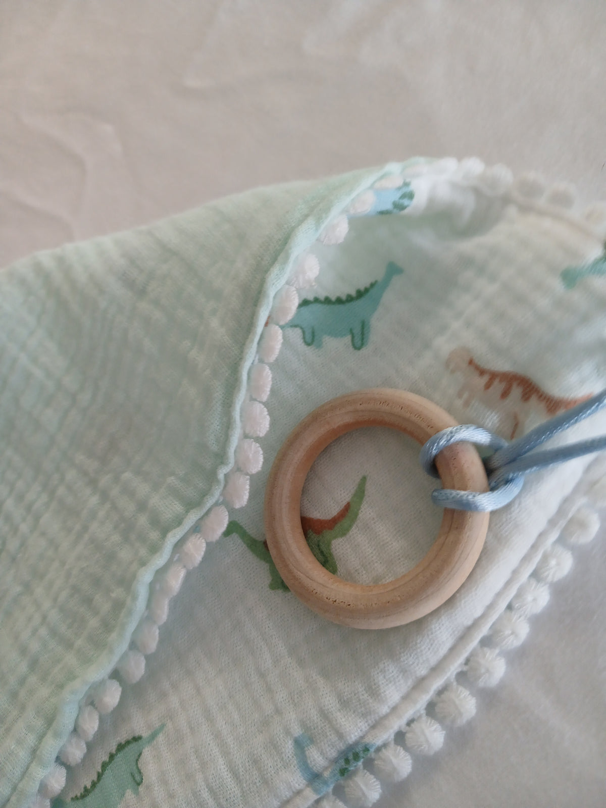 Handmade Double Gauze Dummy Comforter  - 35x31cm with Beechwood Teething Ring -Dinosaurs , Light Mint