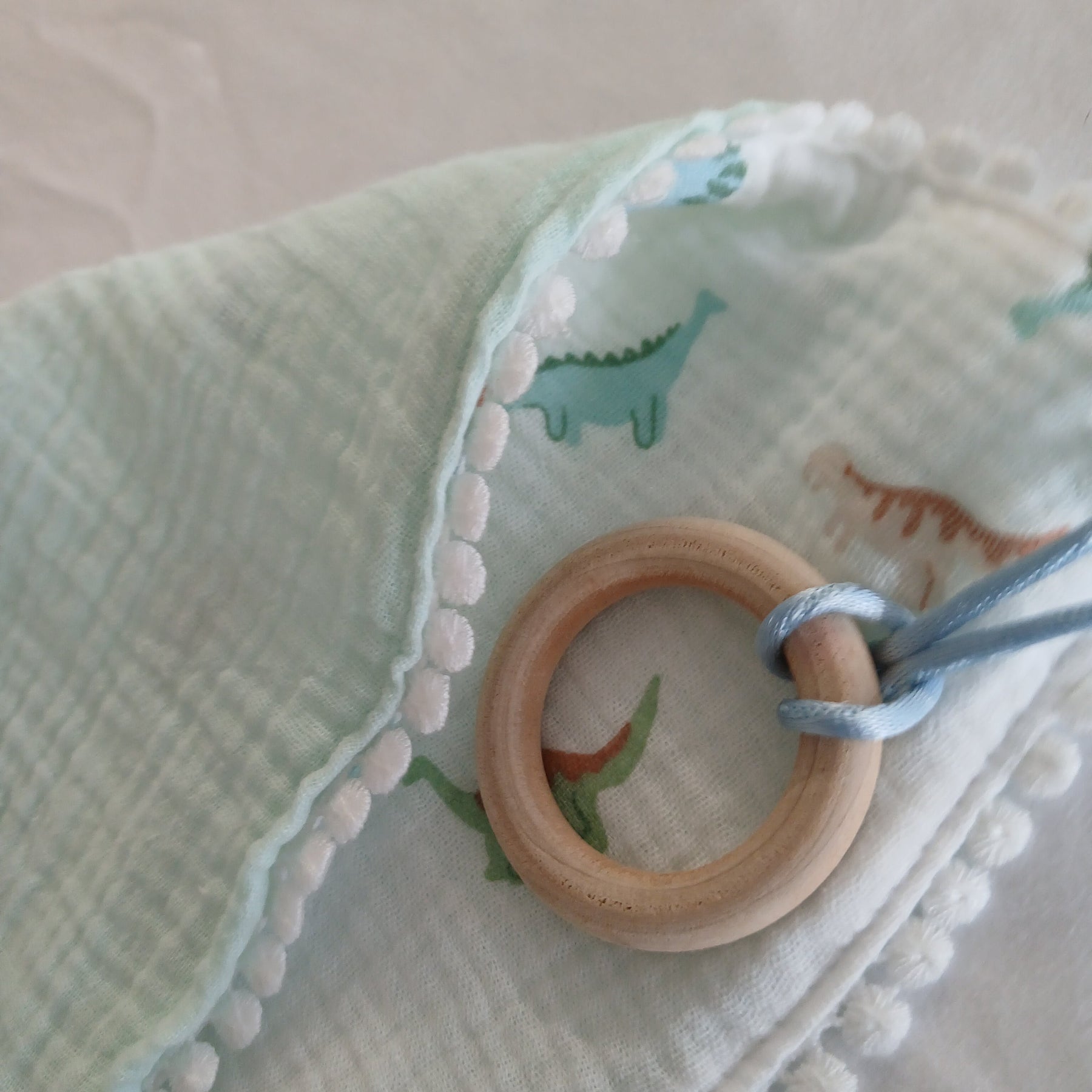 Handmade Double Gauze Dummy Comforter Set of 2 - 35x31cm with Beechwood Teething Ring -Dinosaurs , Light Mint
