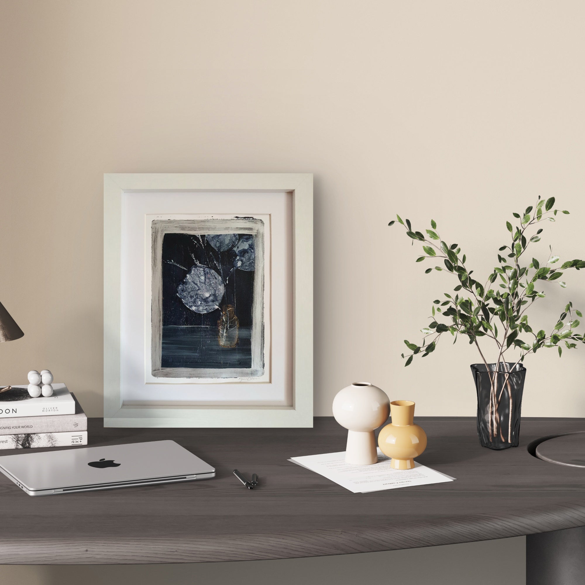 Leaves in vase, 3 | Acrylic monoprint on paper | Original framed artwork | A5