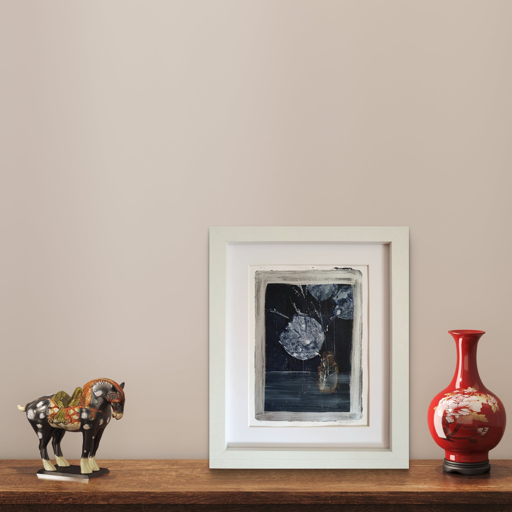 Leaves in vase, 3 | Acrylic monoprint on paper | Original framed artwork | A5