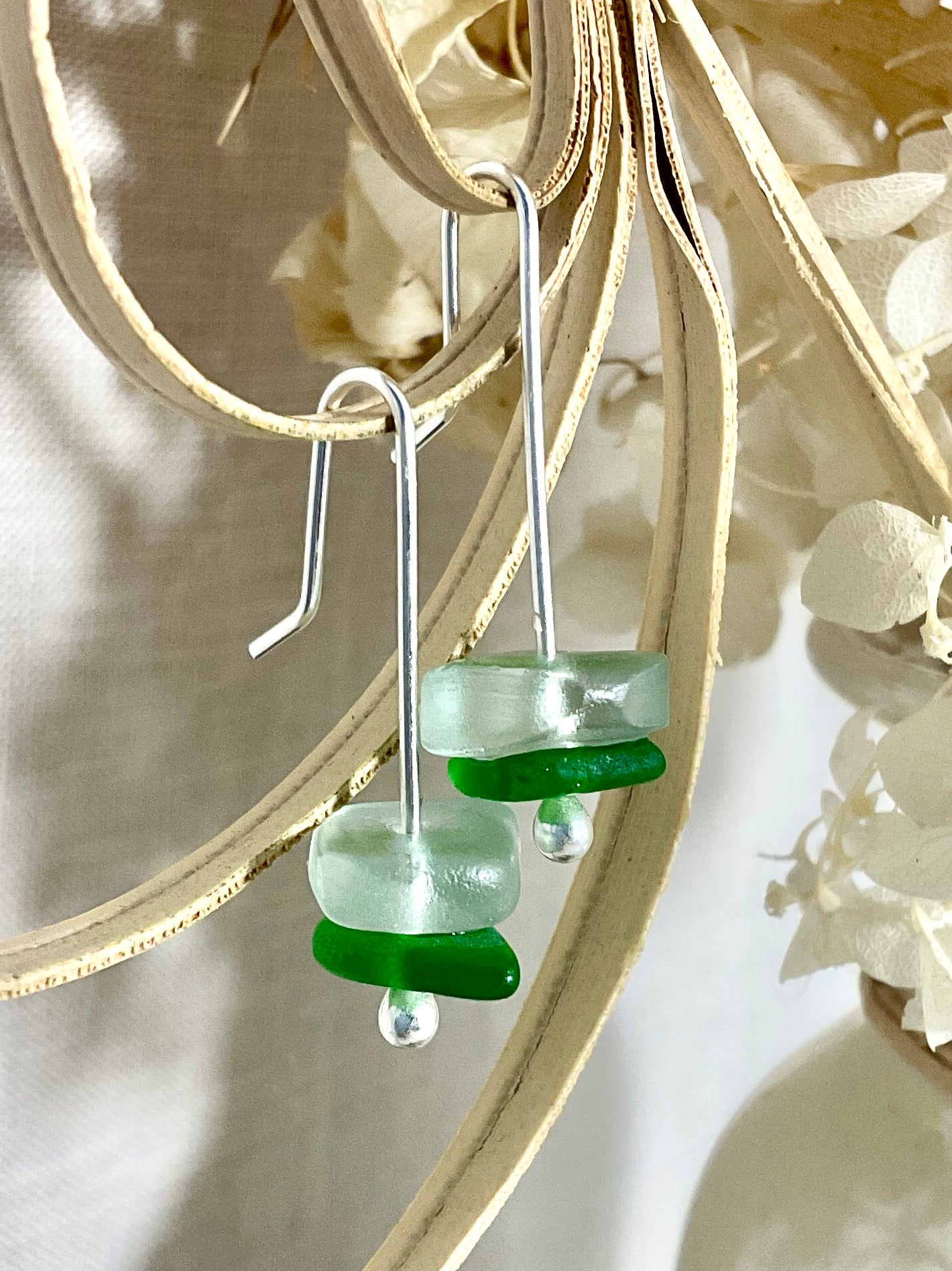 Green sea glass earrings with Argentium silver.