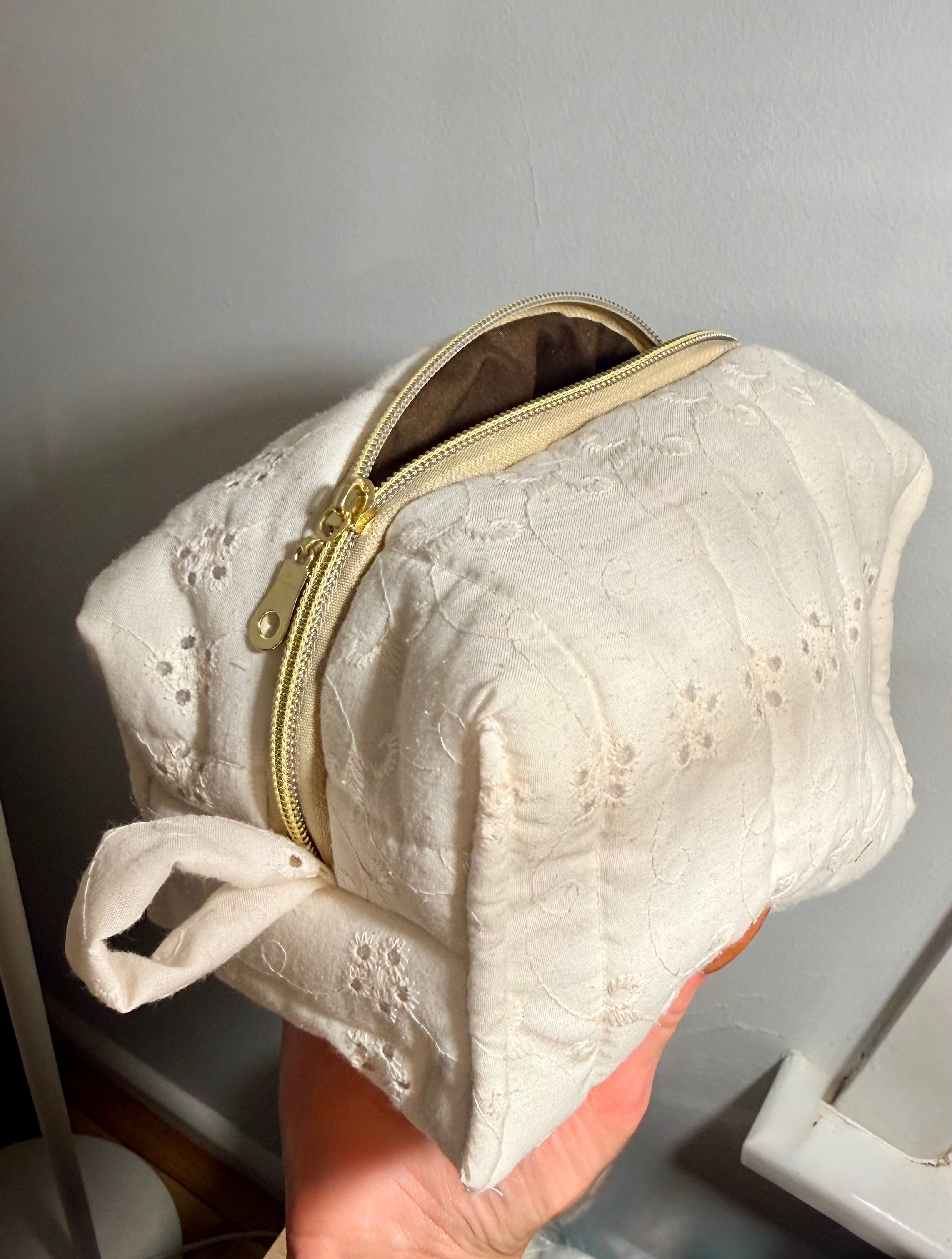 Cream Embroidered Cosmetic Bag