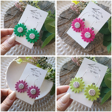Bright flower hoop earrings with silkscreen painted centre