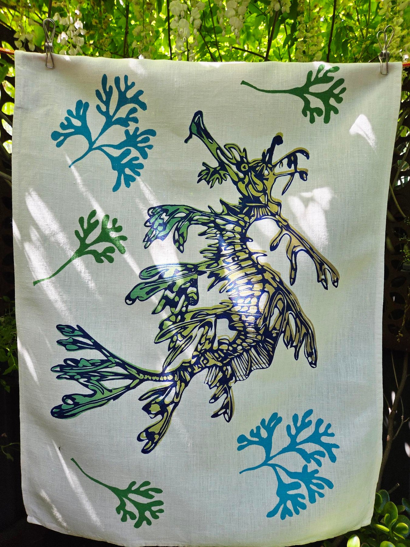 Hand Screen Printed Linen Tea Towels-Leafy Sea Dragon