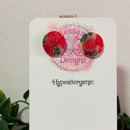 Red Rose Polymer Clay Stud Earrings