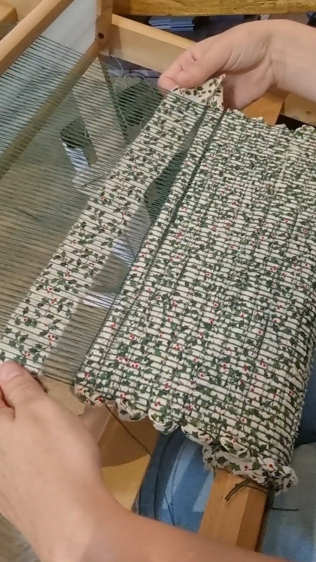 Handwoven Christmas fabric table runner holly print