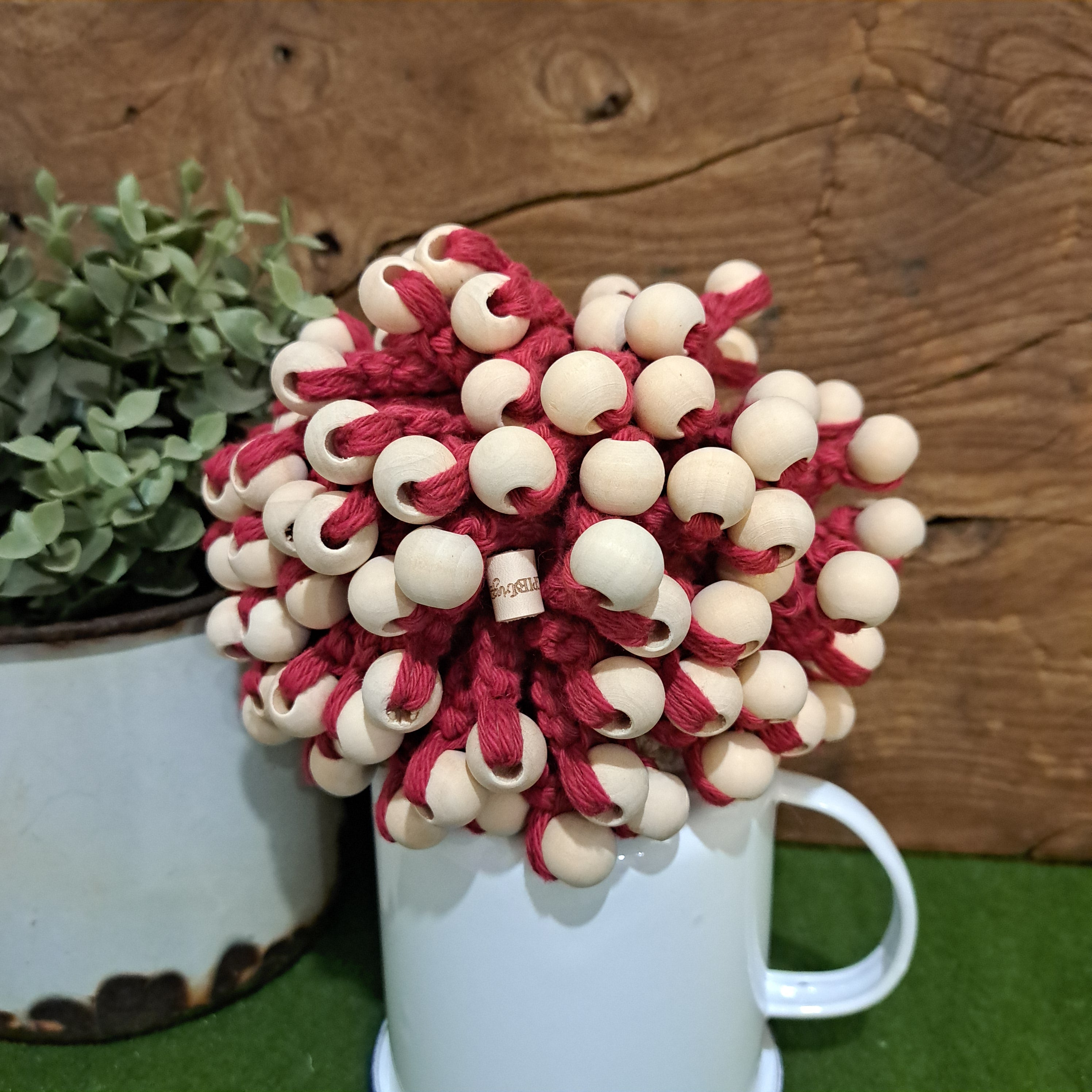 Handmade crochet echidna red cotton wooden beads