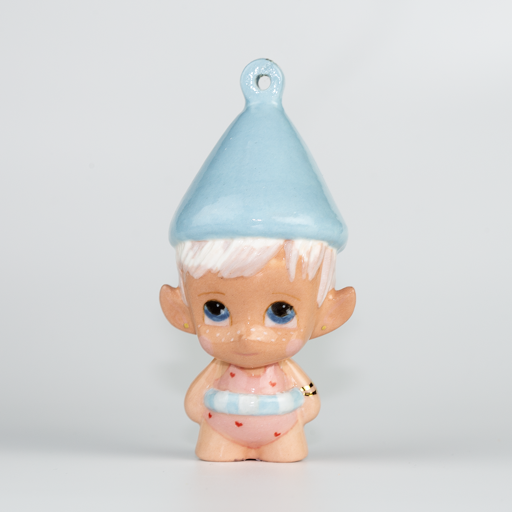 Handmade Porcelain Christmas ornament. One-of-a-kind. Shelly the Swim teacher Elf.