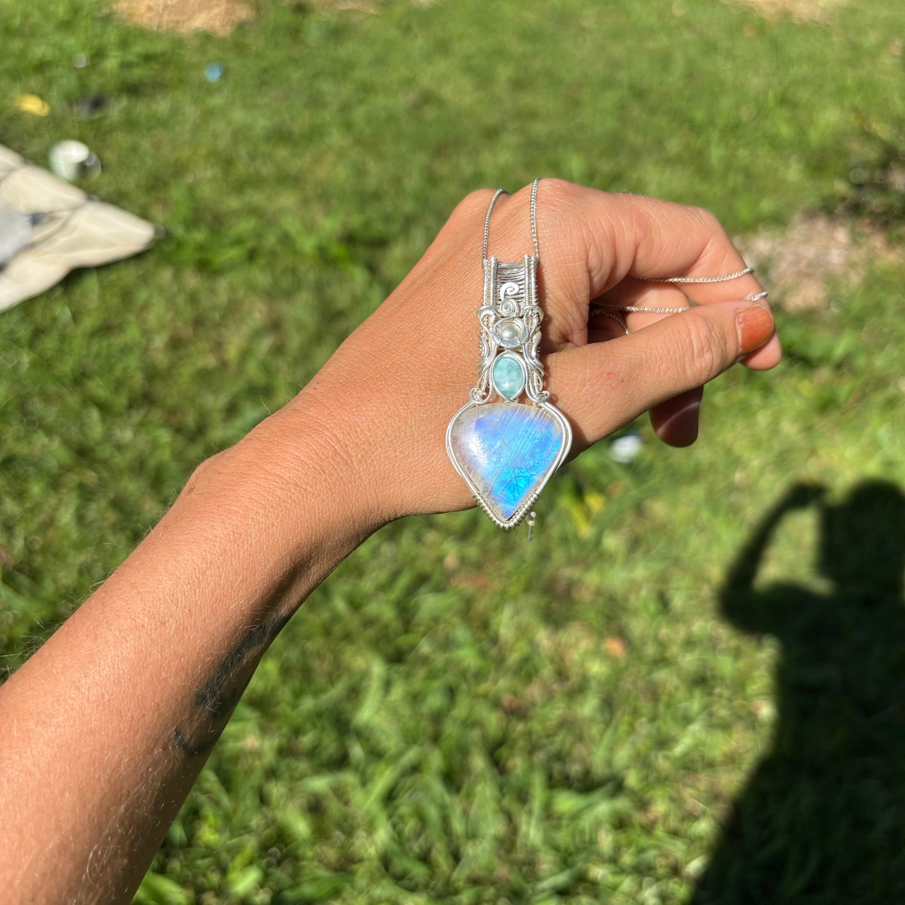 Moonstone, Larimar, Pearl, silver pendant