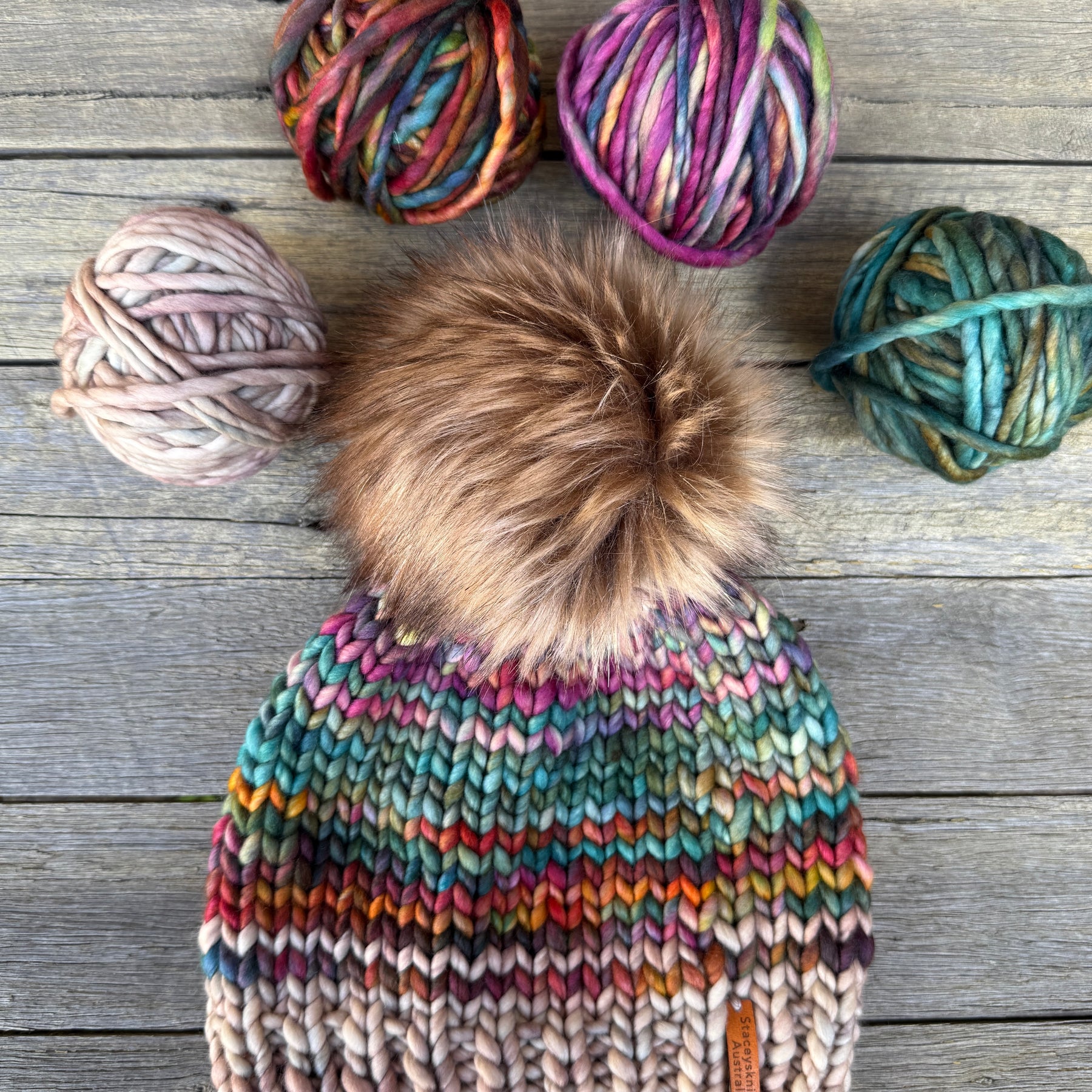 Knitted Merino PomPom Beanie, Colorful Beanie