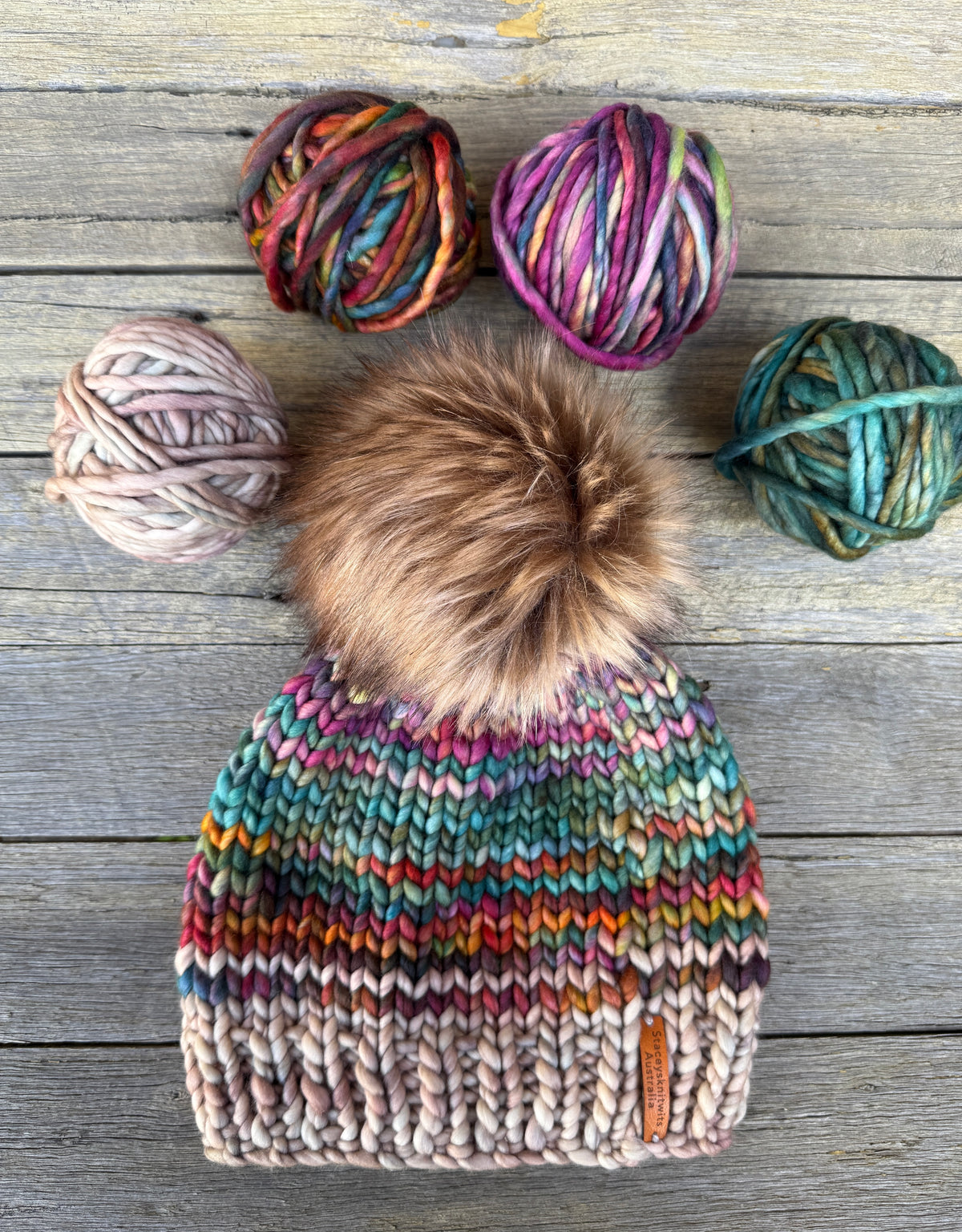 Knitted Merino PomPom Beanie, Colorful Beanie