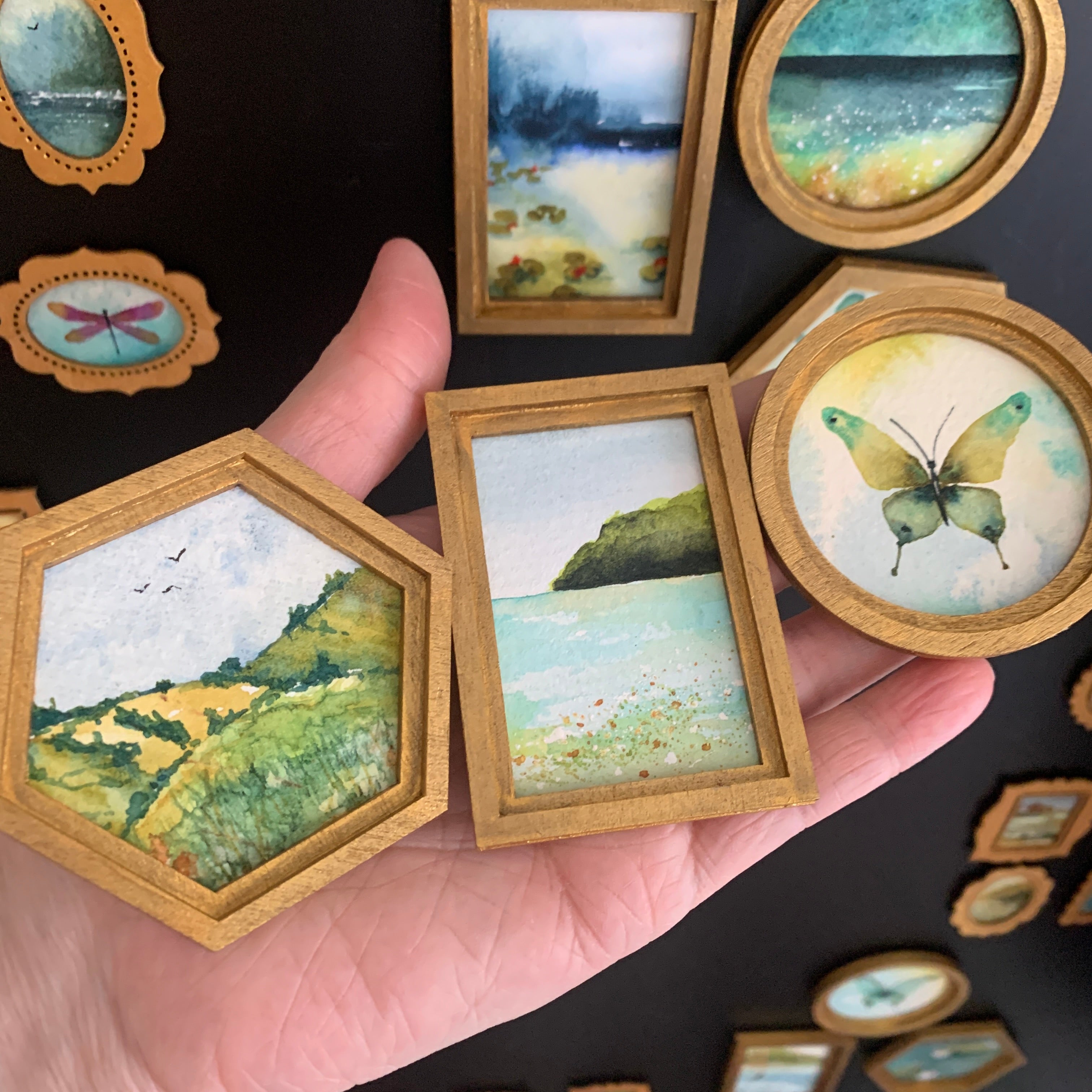 Large Hand Painted Fridge Magnet Set - 3 Framed Original Mini Paintings