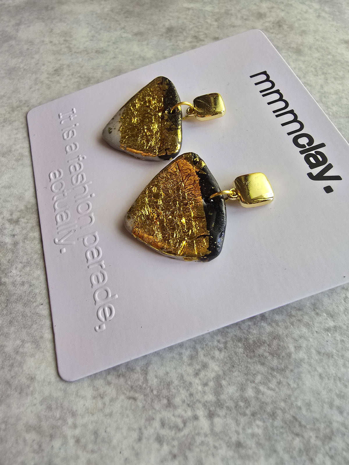 Black and Gold Geometric Triangle Polymer Clay Earrings | 9K Gold Plated