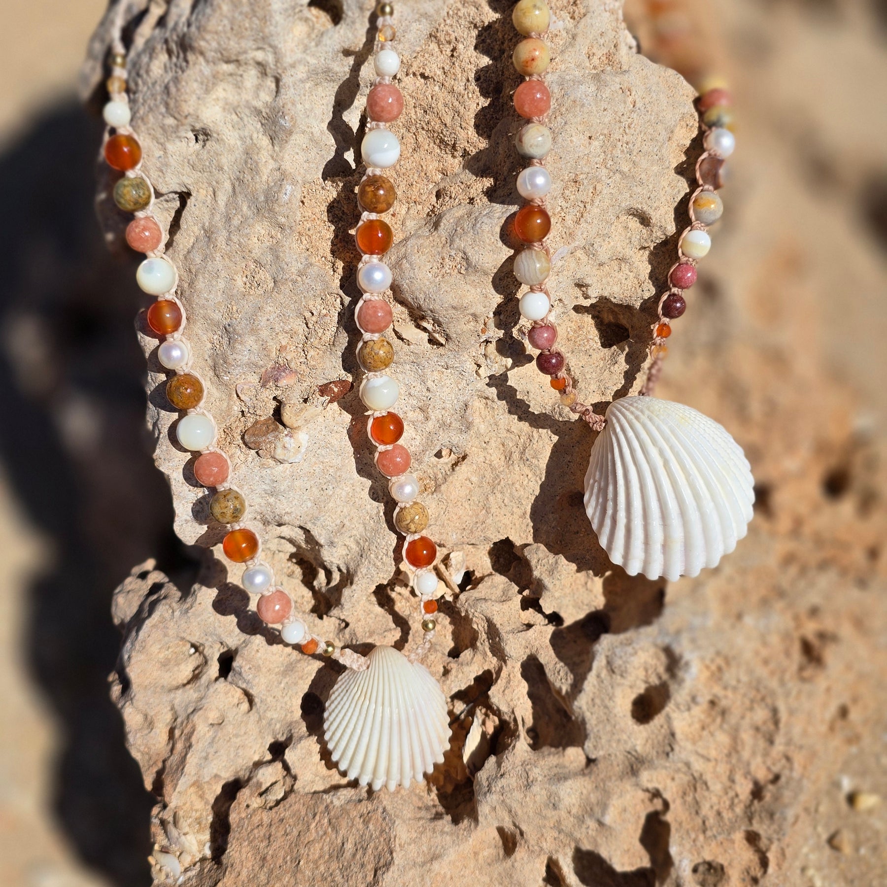 Cockle Shell Necklace Adjustable with Pearls and Gemstones
