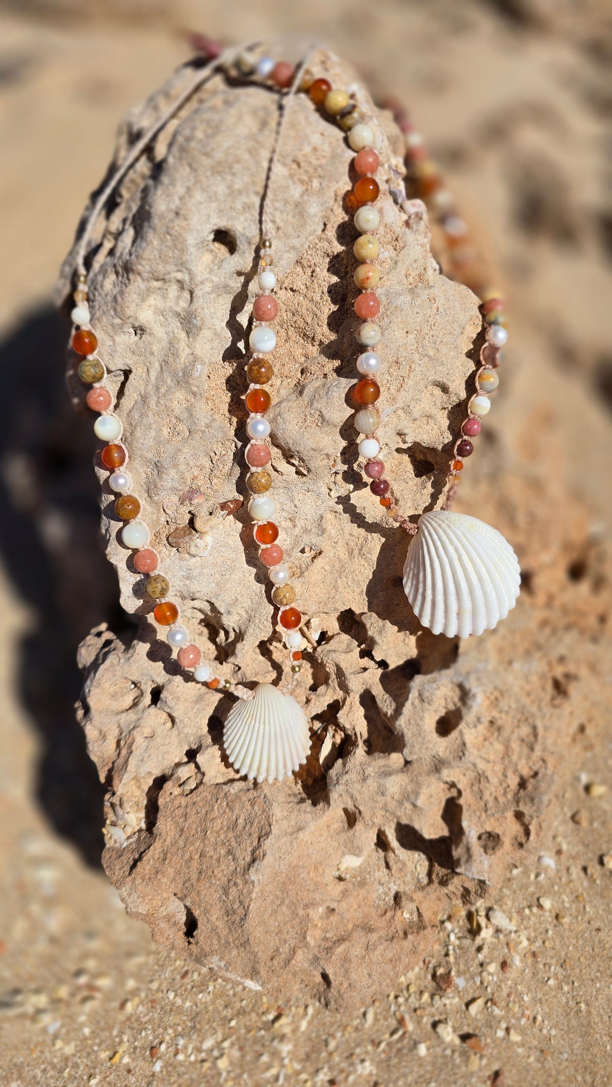 Cockle Shell Necklace Adjustable with Pearls and Gemstones