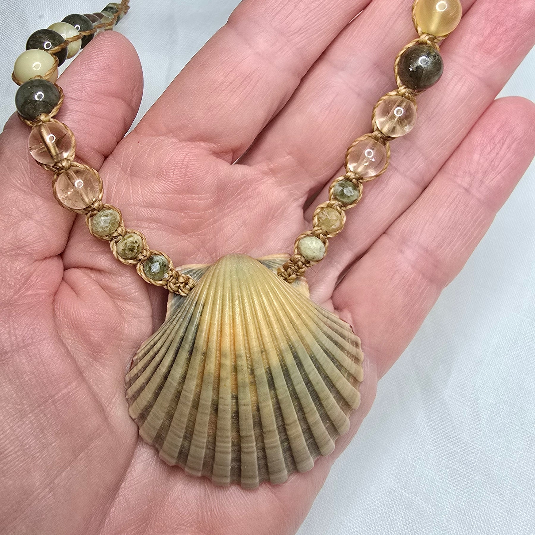 Scallop Shell Necklace with Labradorite and Yellow Opal