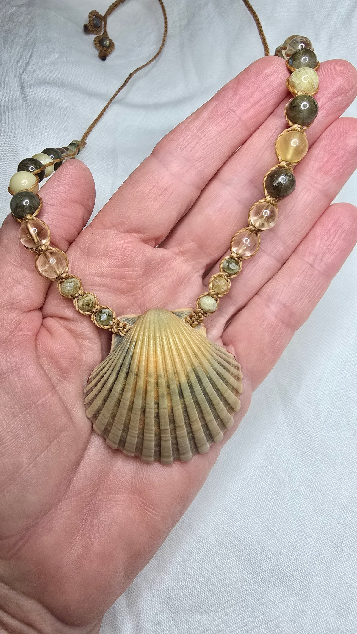 Scallop Shell Necklace with Labradorite and Yellow Opal