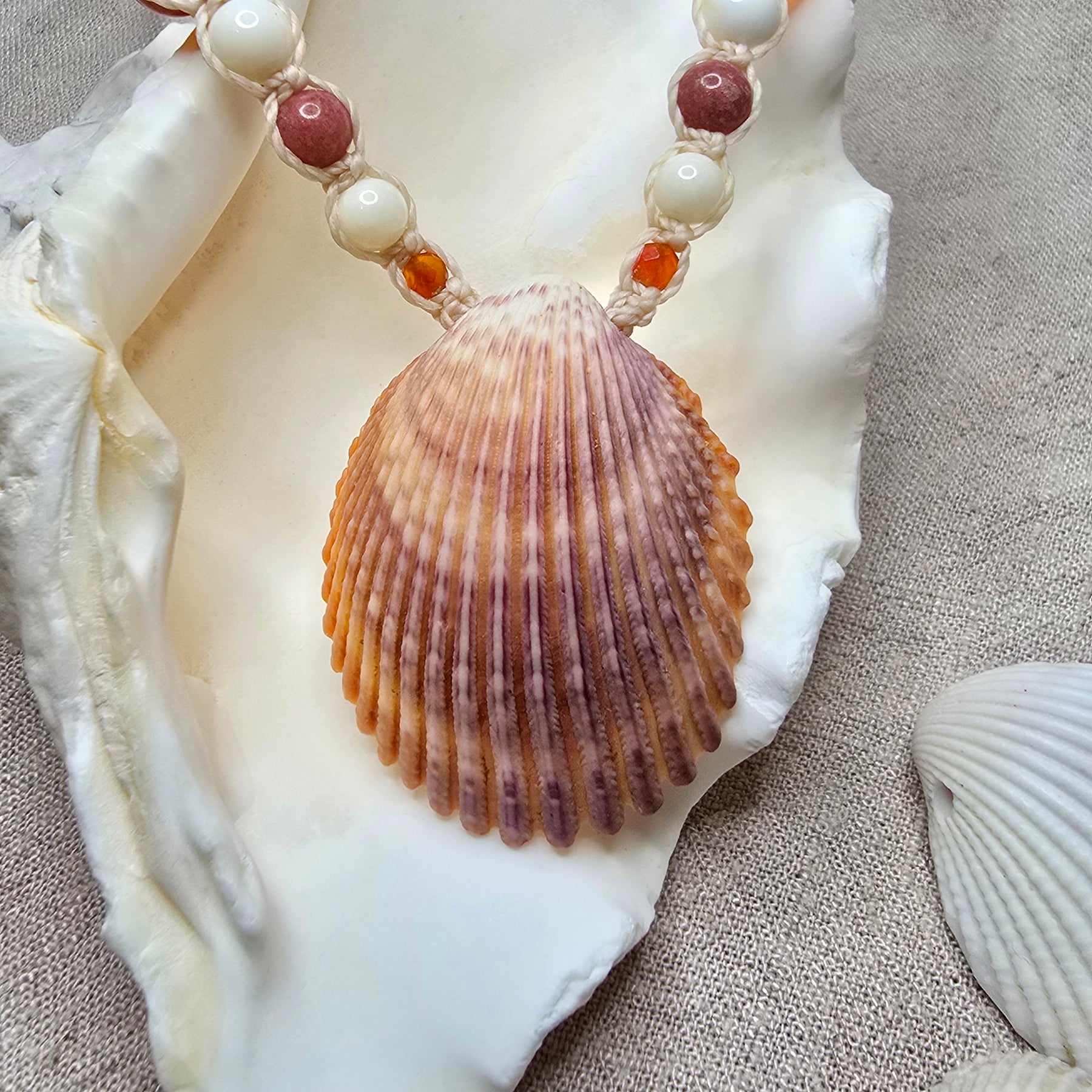 Cockle Shell Necklace with Carnelian, Peach Calcite & Thulite