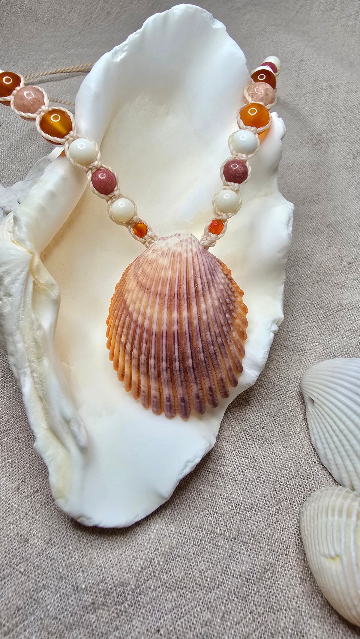 Cockle Shell Necklace with Carnelian, Peach Calcite & Thulite