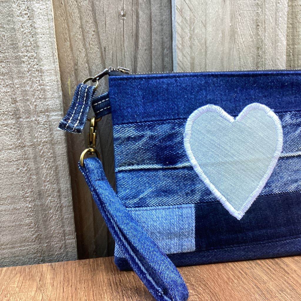 Upcycled Denim Wristlet Purse - Blue Heart