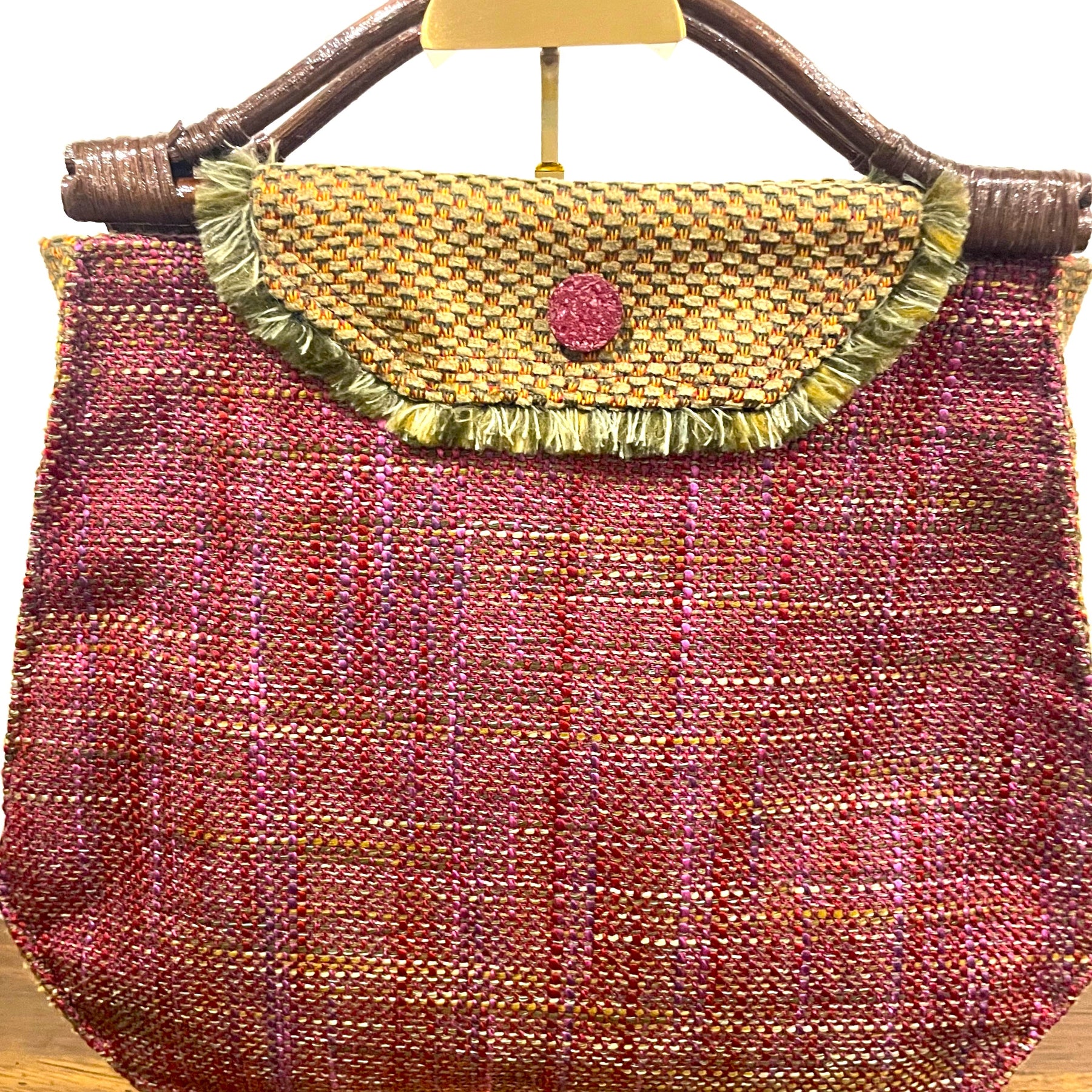 Handmade Pink Woven Handbag with Bamboo Handles