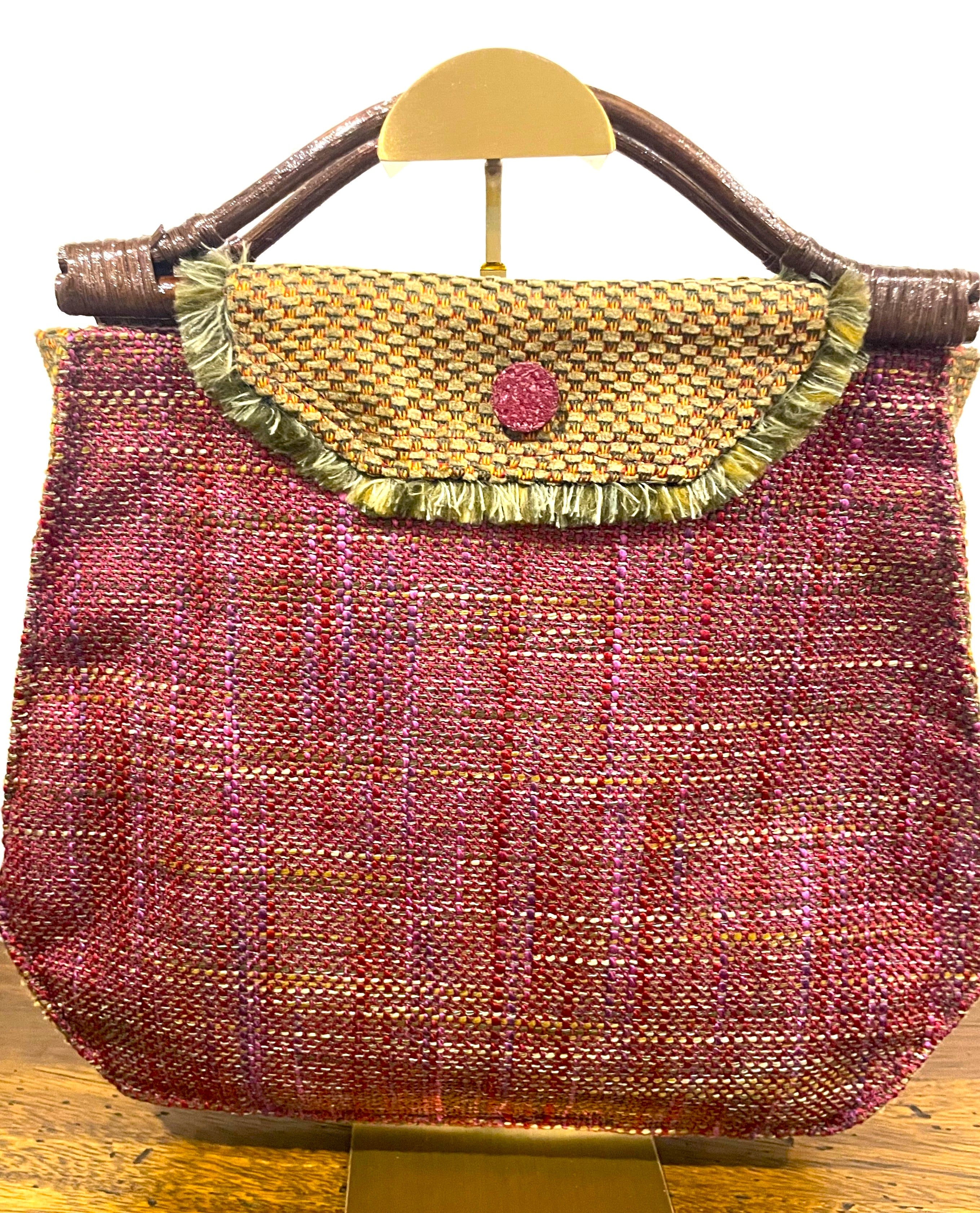 Handmade Pink Woven Handbag with Bamboo Handles
