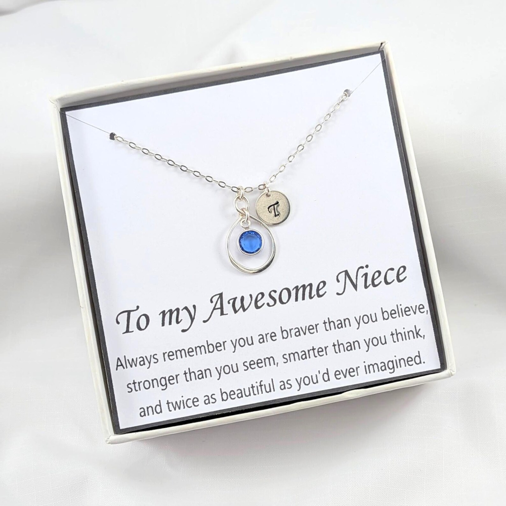 Niece Gift Sterling Silver Initial and Birthstone Necklace