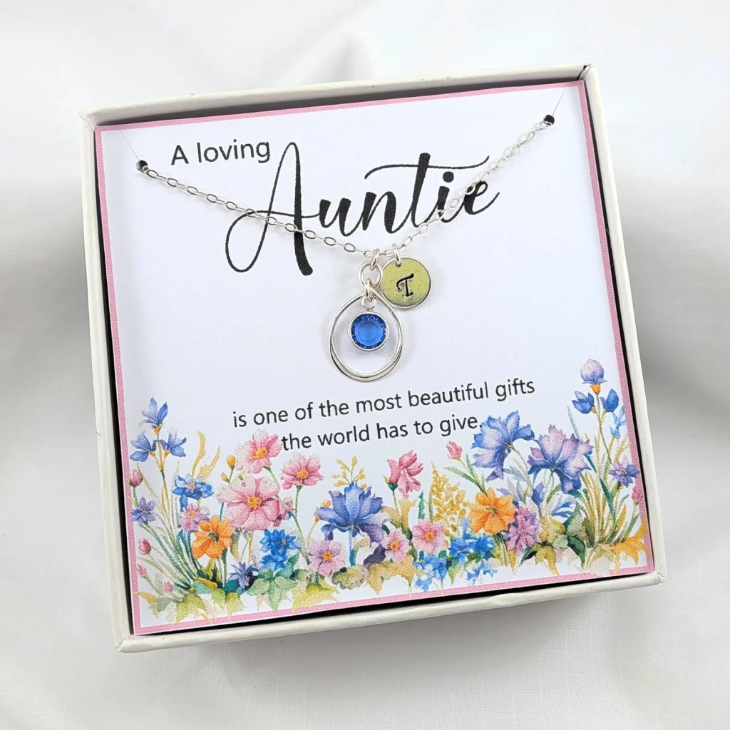 Auntie Gift Sterling Silver Initial and Birthstone Necklace